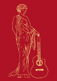Calliope Logo gelb auf rot. © UK. Zeichnung nach antikem Vorbild. Frau mit Chiton. Ihre rechter Arm liegt auf dem Rücken. In Ihrer linken Hand hält sie die Kingsize Concertguitar "Modelo Orfeo", die auf dem Boden steht.Der Chiton ist über die Schulter und den linken Unterarm geworfen.